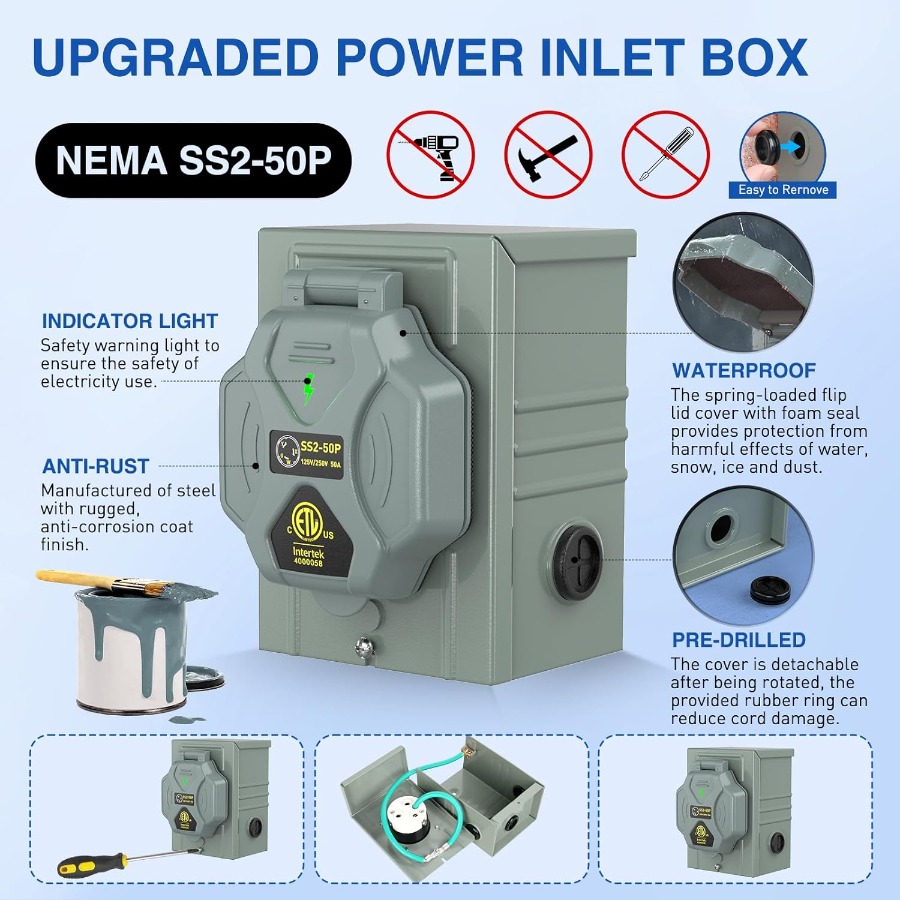 50A 50FT Heavy Duty Generator  - đánh giá và giá Outdoor Power Inlet Box